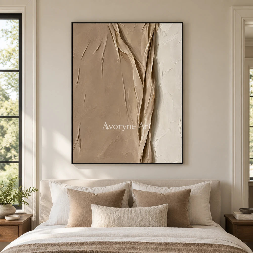 Linen Ridges: Beige Textured Folds Wall Art — bedroom black