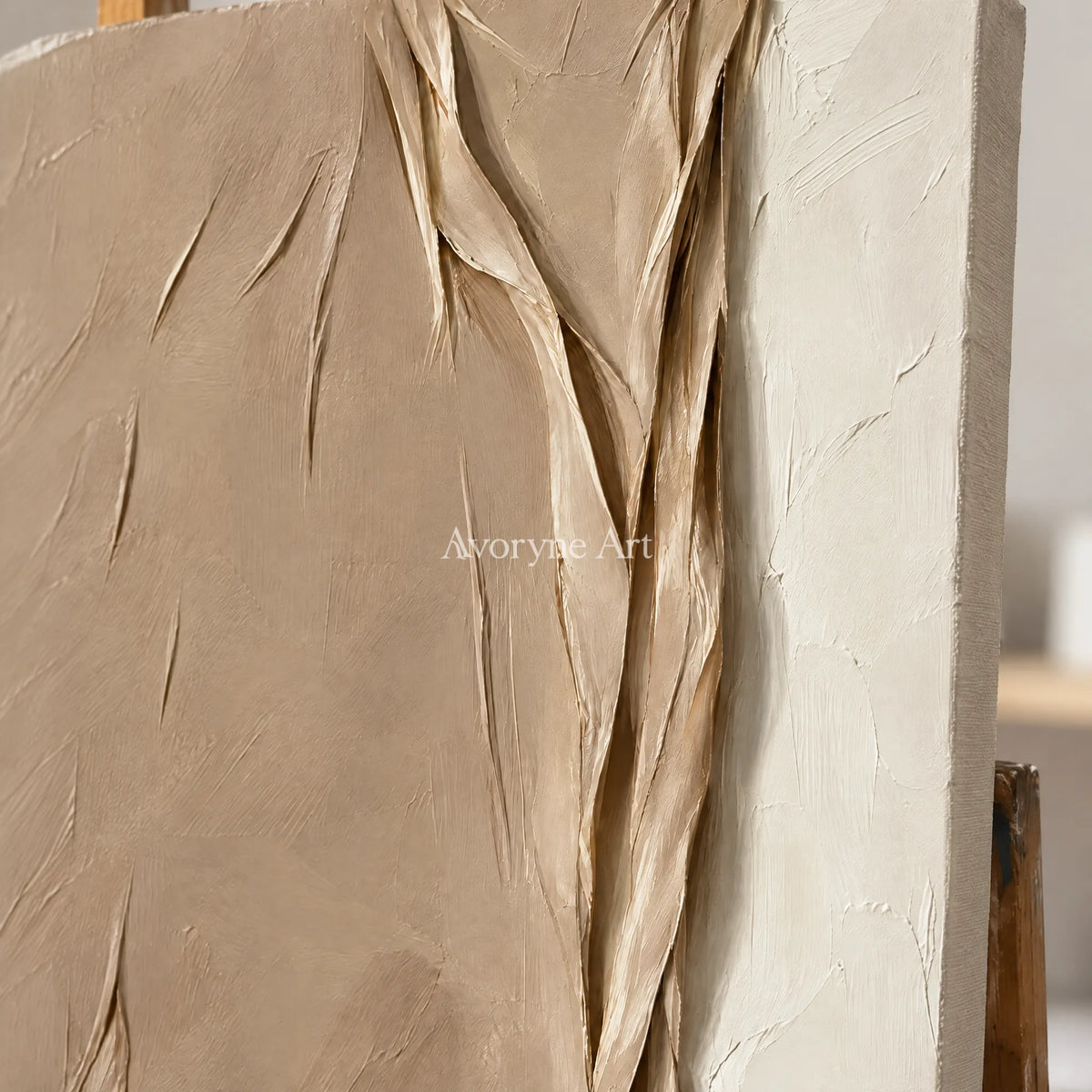 Linen Ridges: Beige Textured Folds Wall Art — detail easel