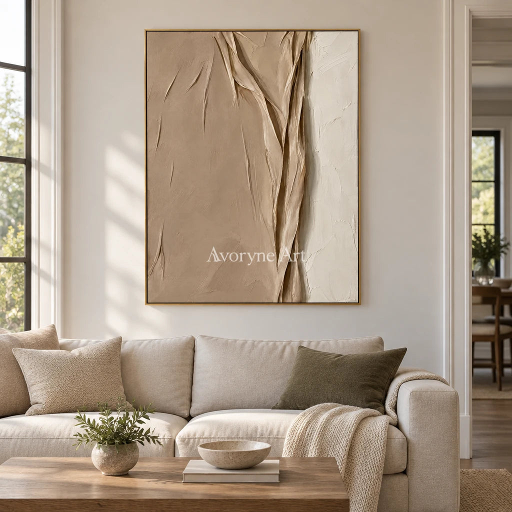 Linen Ridges: Beige Textured Folds Wall Art — living gold