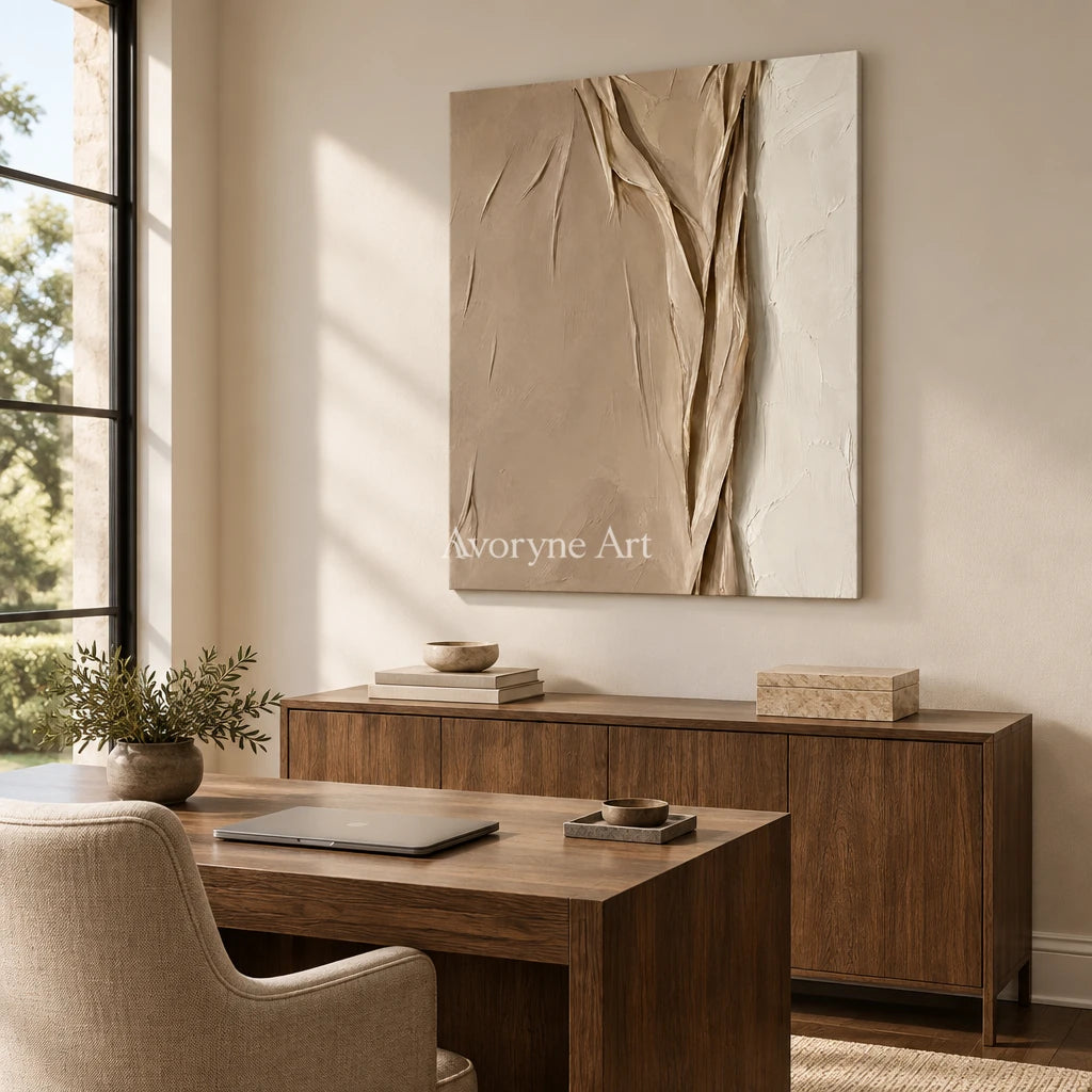 Linen Ridges: Beige Textured Folds Wall Art — office frameless