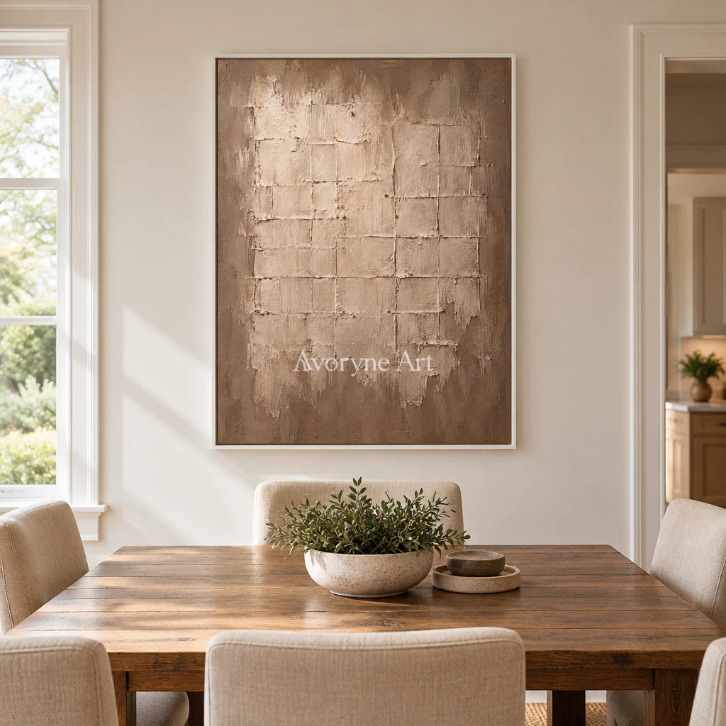 Claylattice: Beige Textured Grid Wall Art — dining white
