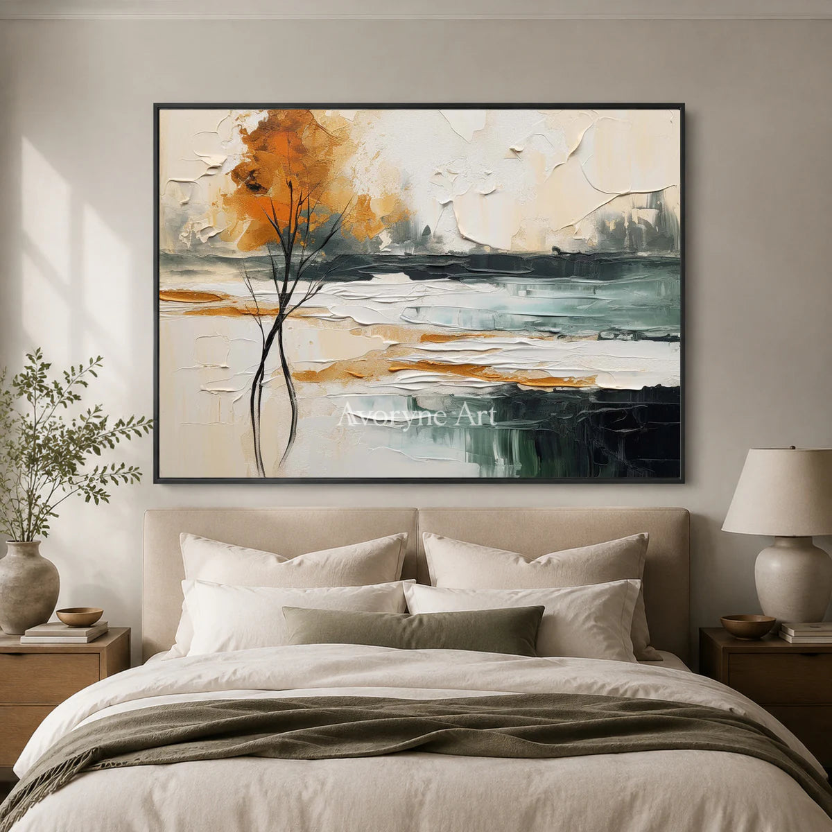 Amber Treeline: Beige Textured Landscape Wall Art — bedroom black