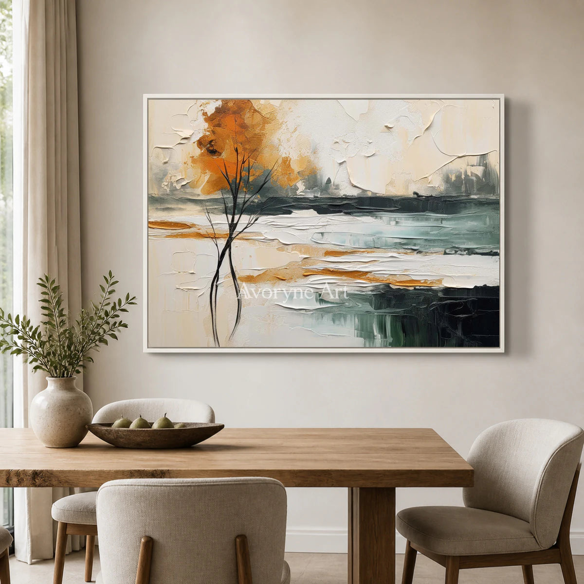 Amber Treeline: Beige Textured Landscape Wall Art — dining white