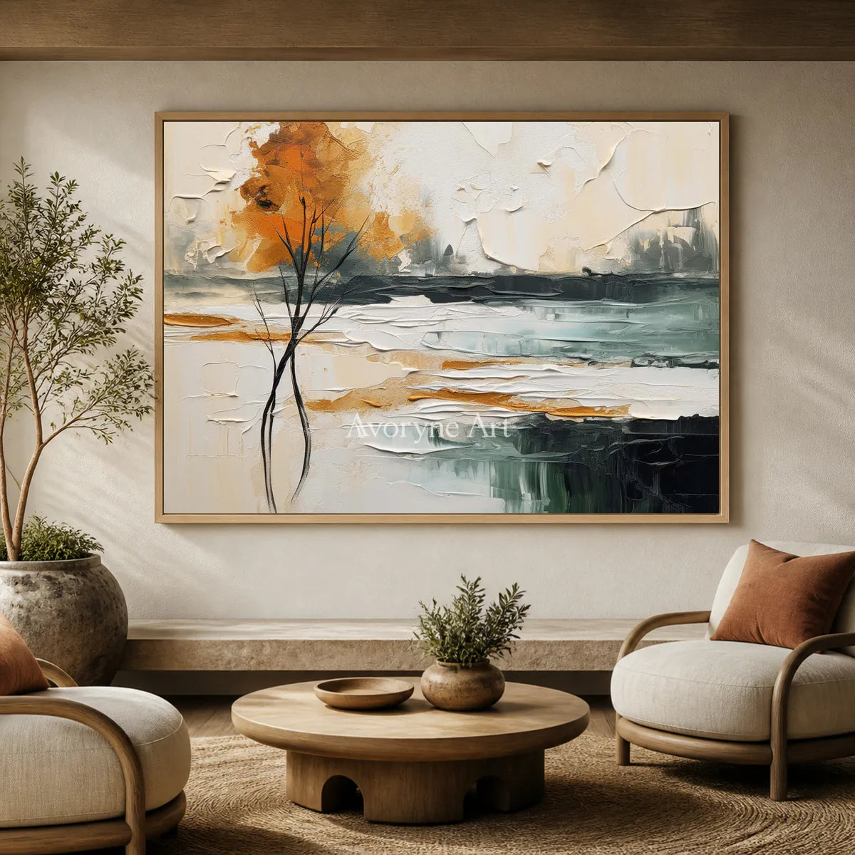 Amber Treeline: Beige Textured Landscape Wall Art — hotel wood