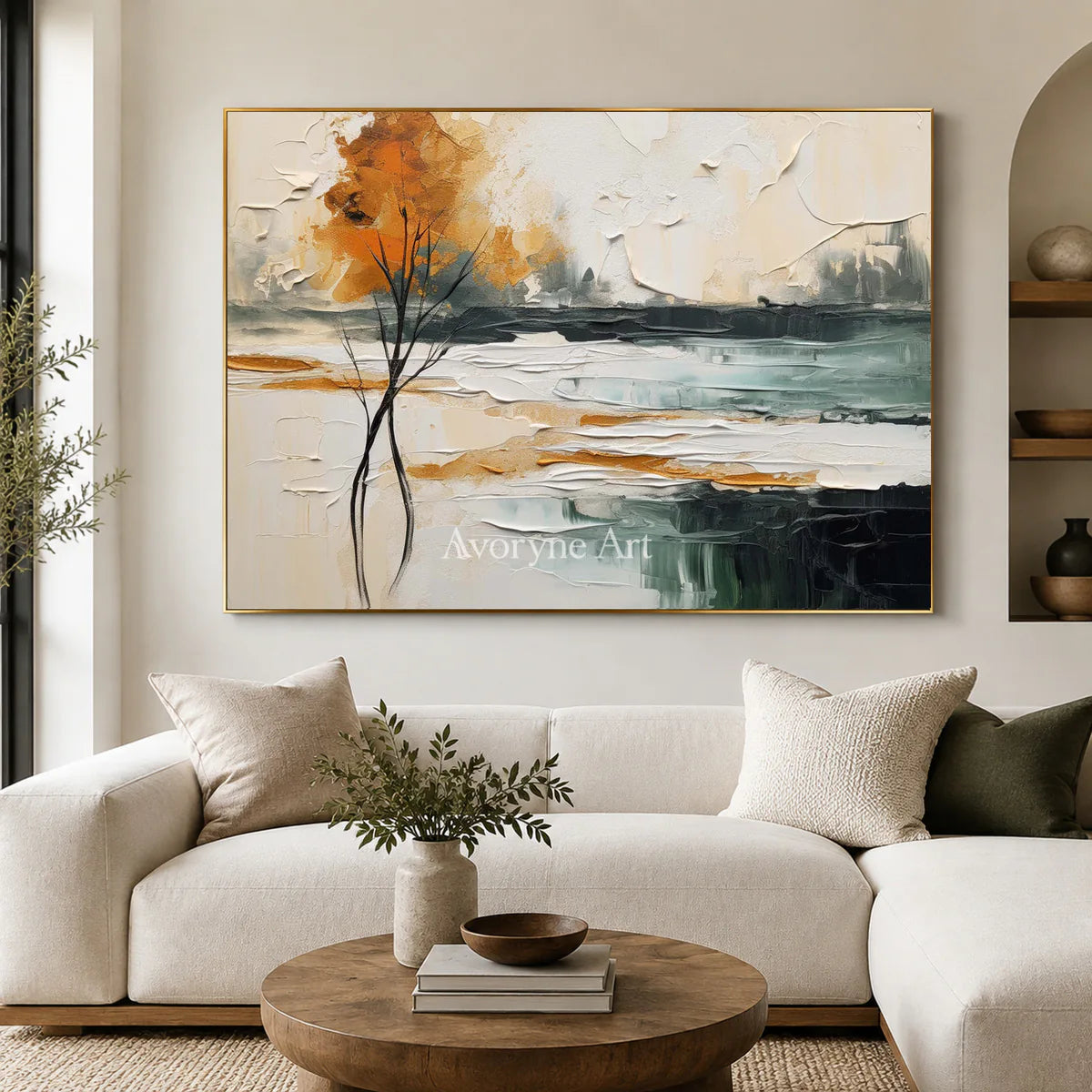 Amber Treeline: Beige Textured Landscape Wall Art — living gold