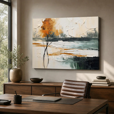 Amber Treeline: Beige Textured Landscape Wall Art — office frameless