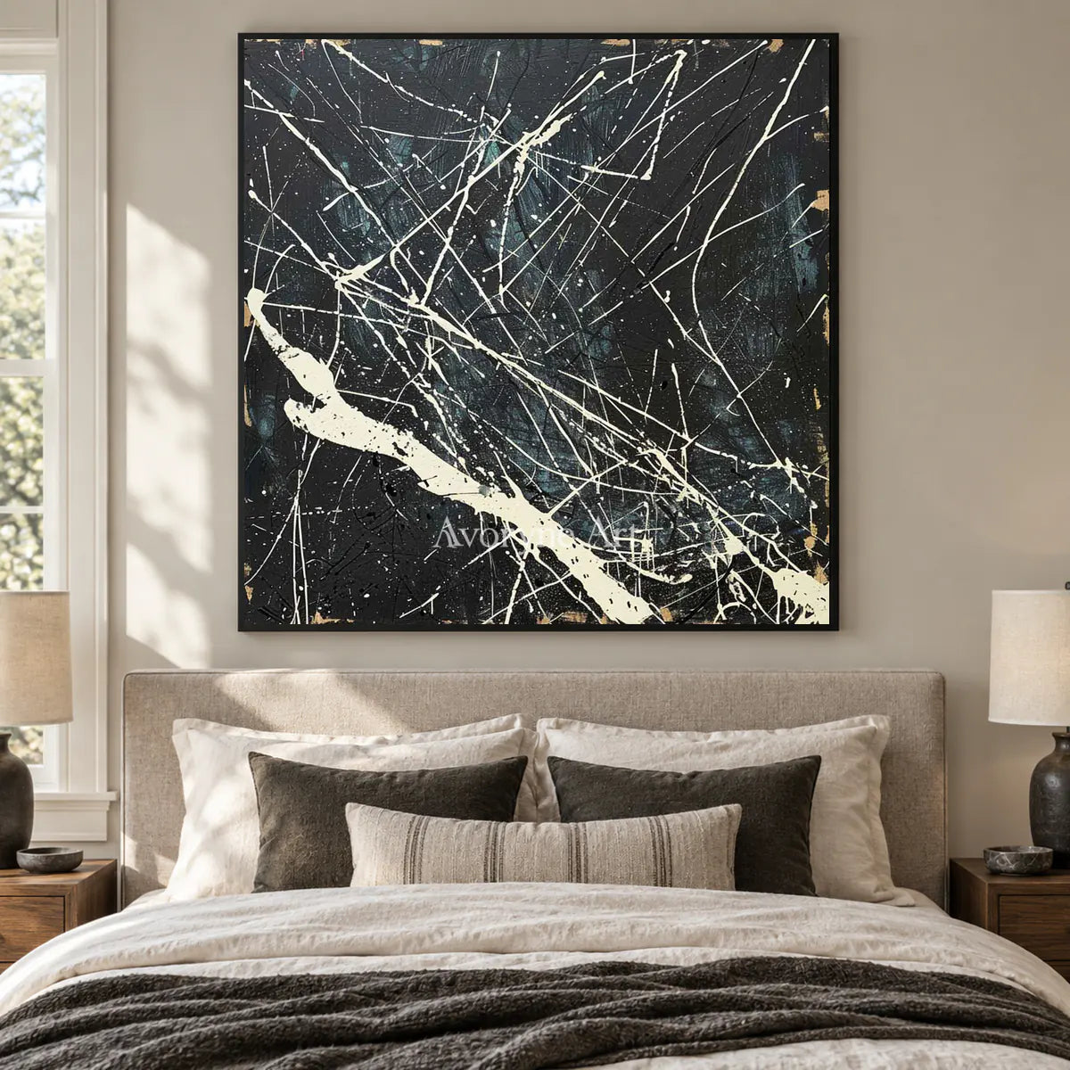 Night in White Lines: Black Abstract Wall Art with White Drip Lines — bedroom black
