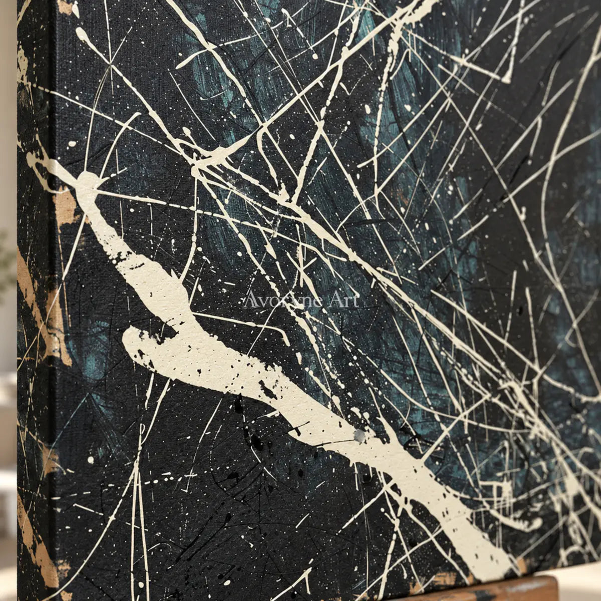 Night in White Lines: Black Abstract Wall Art with White Drip Lines — detail easel