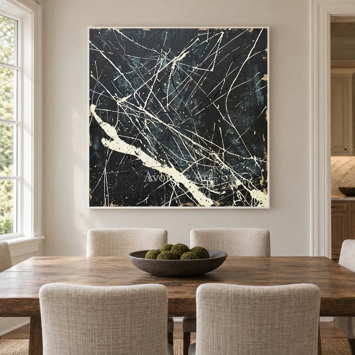 Night in White Lines: Black Abstract Wall Art with White Drip Lines — dining white