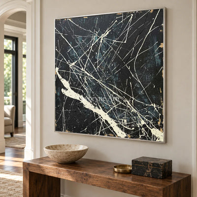 Night in White Lines: Black Abstract Wall Art with White Drip Lines — entry silver