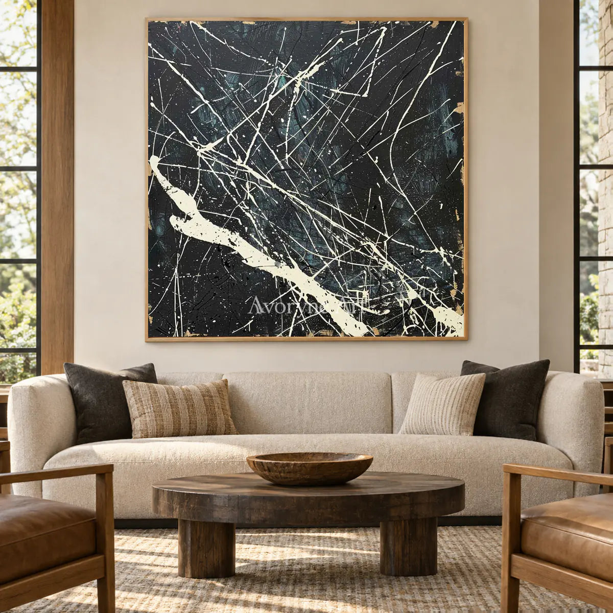Night in White Lines: Black Abstract Wall Art with White Drip Lines — hotel wood