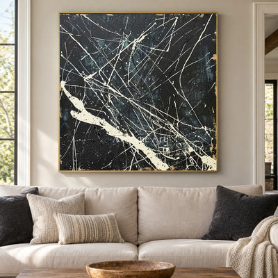Night in White Lines: Black Abstract Wall Art with White Drip Lines — living gold