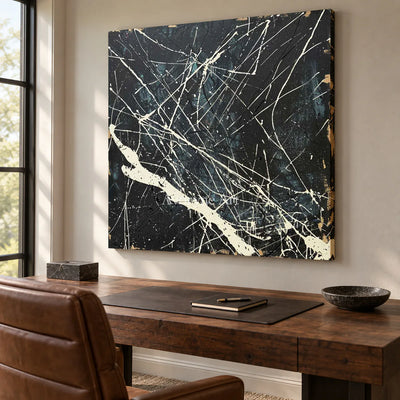 Night in White Lines: Black Abstract Wall Art with White Drip Lines — office frameless