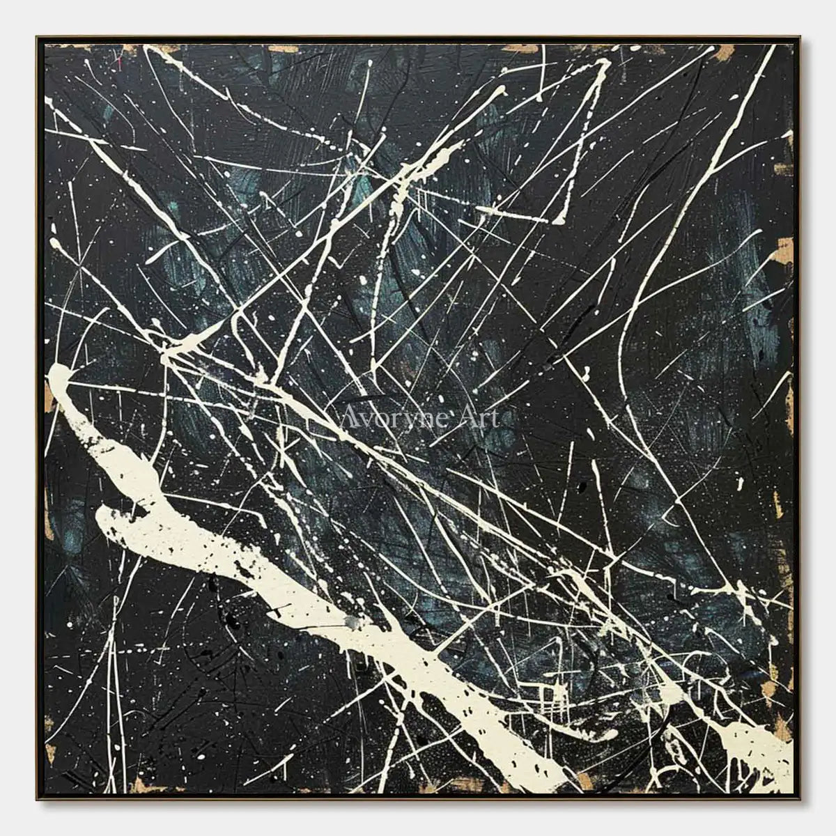 Night in White Lines: Black Abstract Wall Art with White Drip Lines — primary
