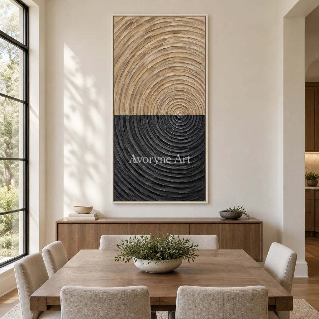 Orbit in Earth: Black and Beige Texture Wall Art — dining white