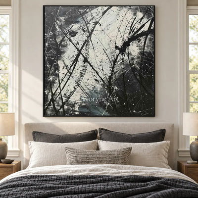 Monochrome Trajectories: Black and White Drip Abstract Wall Art — bedroom black