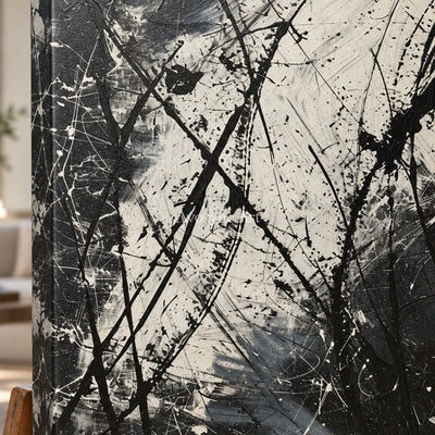 Monochrome Trajectories: Black and White Drip Abstract Wall Art — detail easel