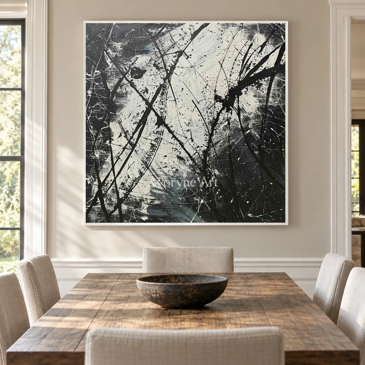 Monochrome Trajectories: Black and White Drip Abstract Wall Art — dining white