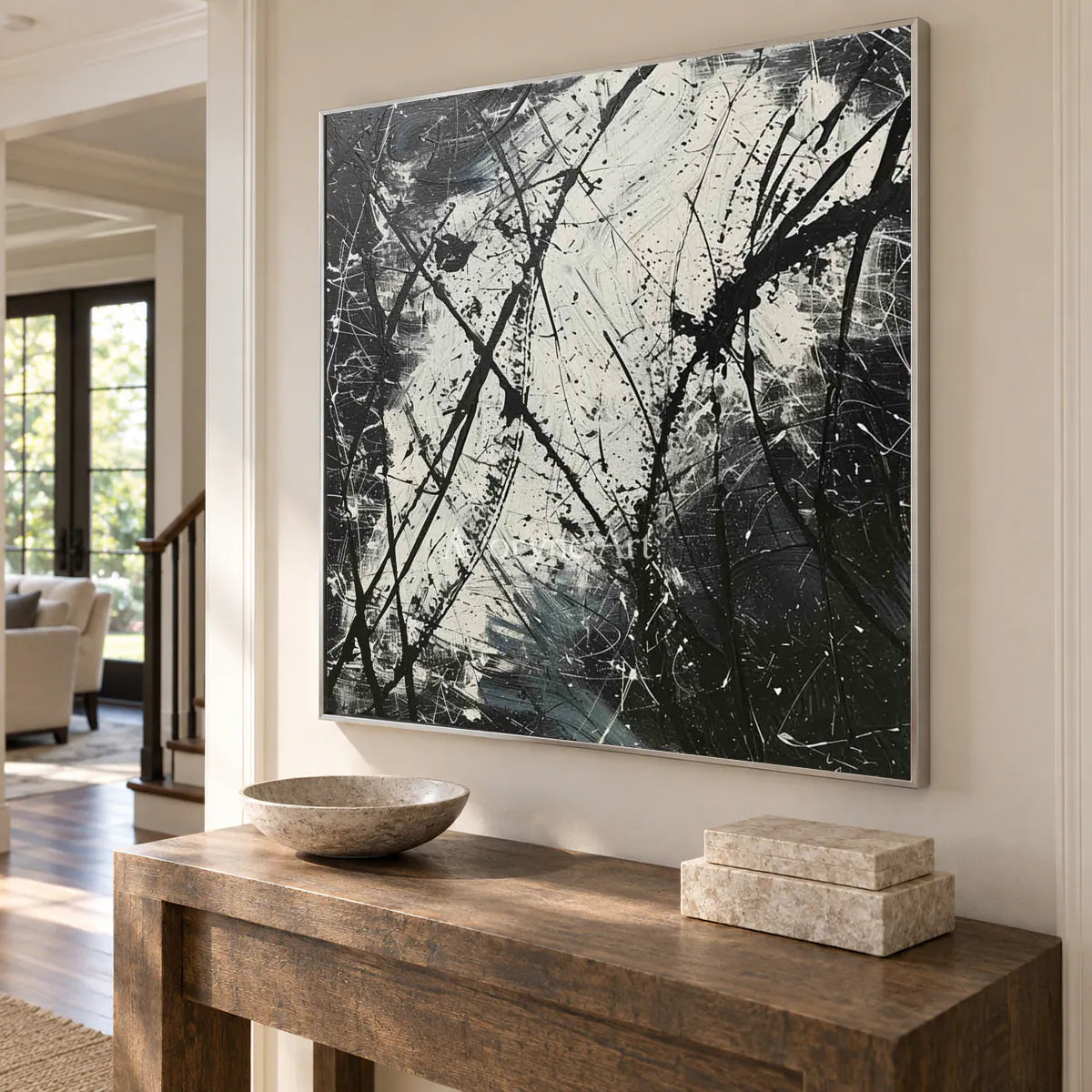 Monochrome Trajectories: Black and White Drip Abstract Wall Art — entry silver