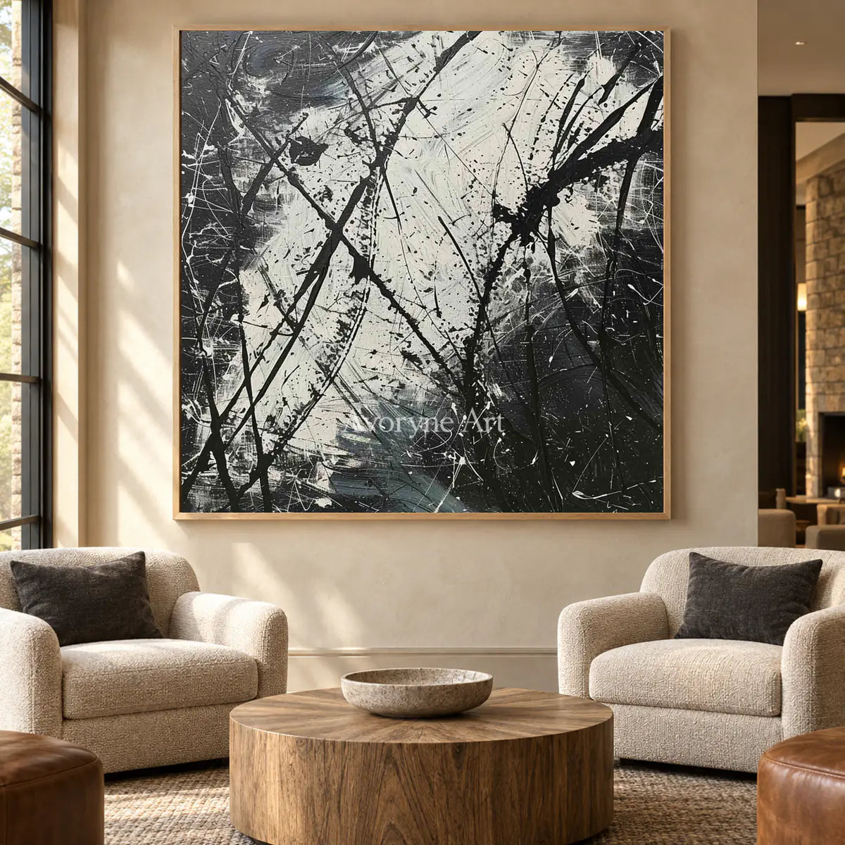 Monochrome Trajectories: Black and White Drip Abstract Wall Art — hotel wood