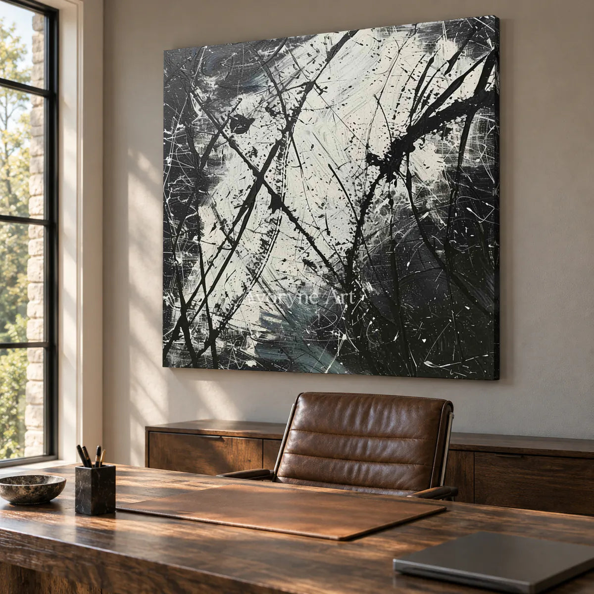 Monochrome Trajectories: Black and White Drip Abstract Wall Art — office frameless