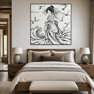 Inkbound Breeze: Black and White Kimono Portrait Square Wall Art — bedroom black