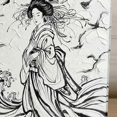 Inkbound Breeze: Black and White Kimono Portrait Square Wall Art — detail easel