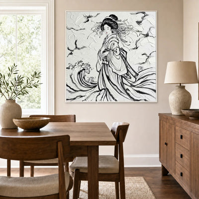 Inkbound Breeze: Black and White Kimono Portrait Square Wall Art — dining white