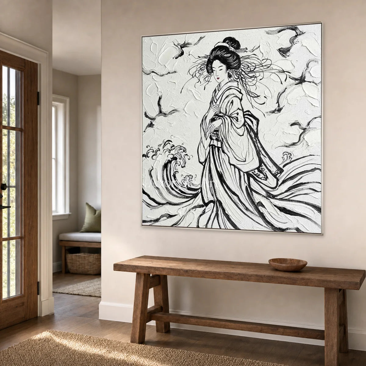 Inkbound Breeze: Black and White Kimono Portrait Square Wall Art — entry silver