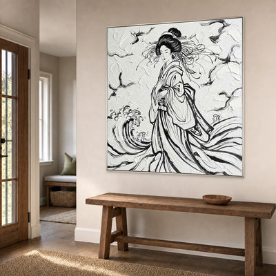 Inkbound Breeze: Black and White Kimono Portrait Square Wall Art — entry silver
