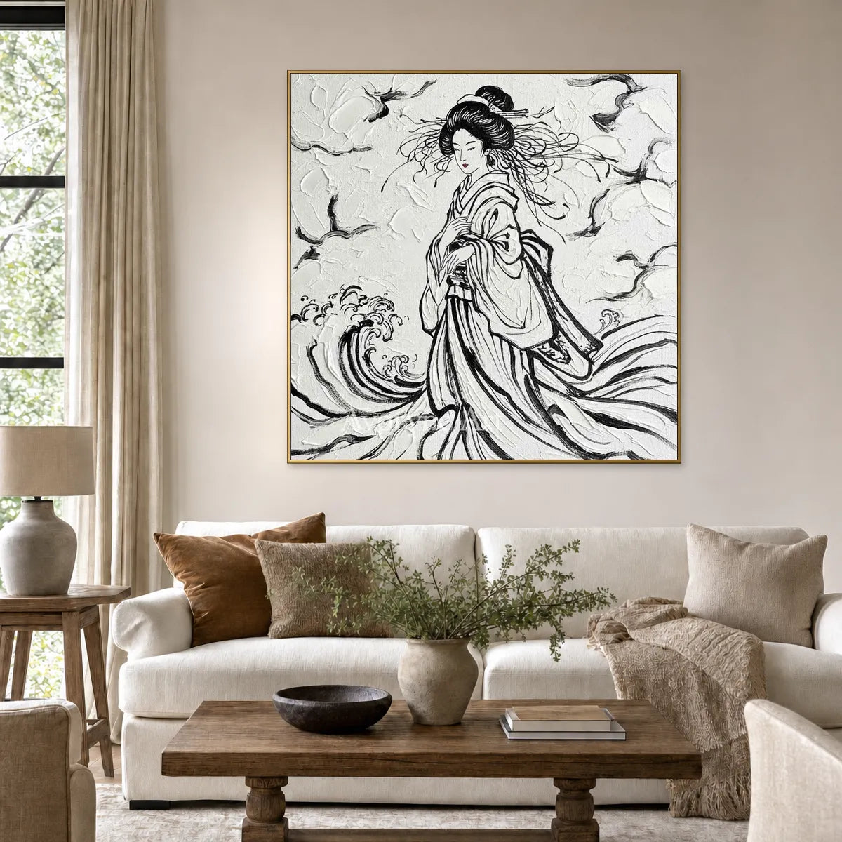 Inkbound Breeze: Black and White Kimono Portrait Square Wall Art — living gold