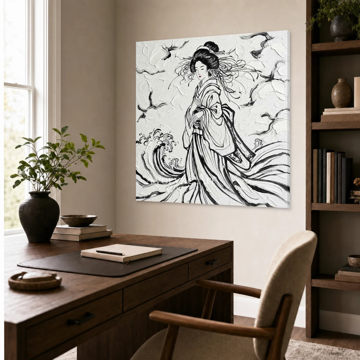 Inkbound Breeze: Black and White Kimono Portrait Square Wall Art — office frameless