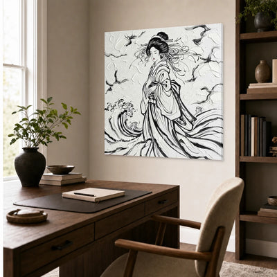 Inkbound Breeze: Black and White Kimono Portrait Square Wall Art — office frameless