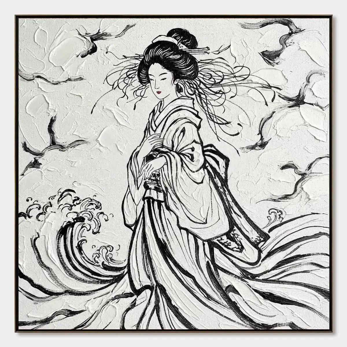 Inkbound Breeze: Black and White Kimono Portrait Square Wall Art — primary