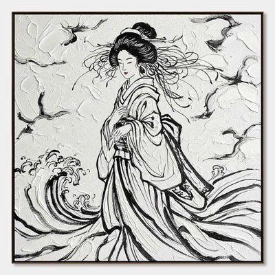 Inkbound Breeze: Black and White Kimono Portrait Square Wall Art — primary