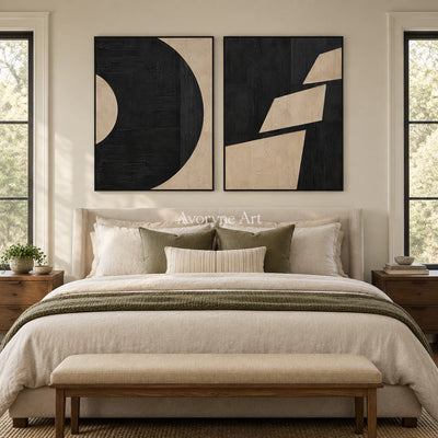 Cutshape Dialogue: Black Beige Diptych Wall Art — bedroom black