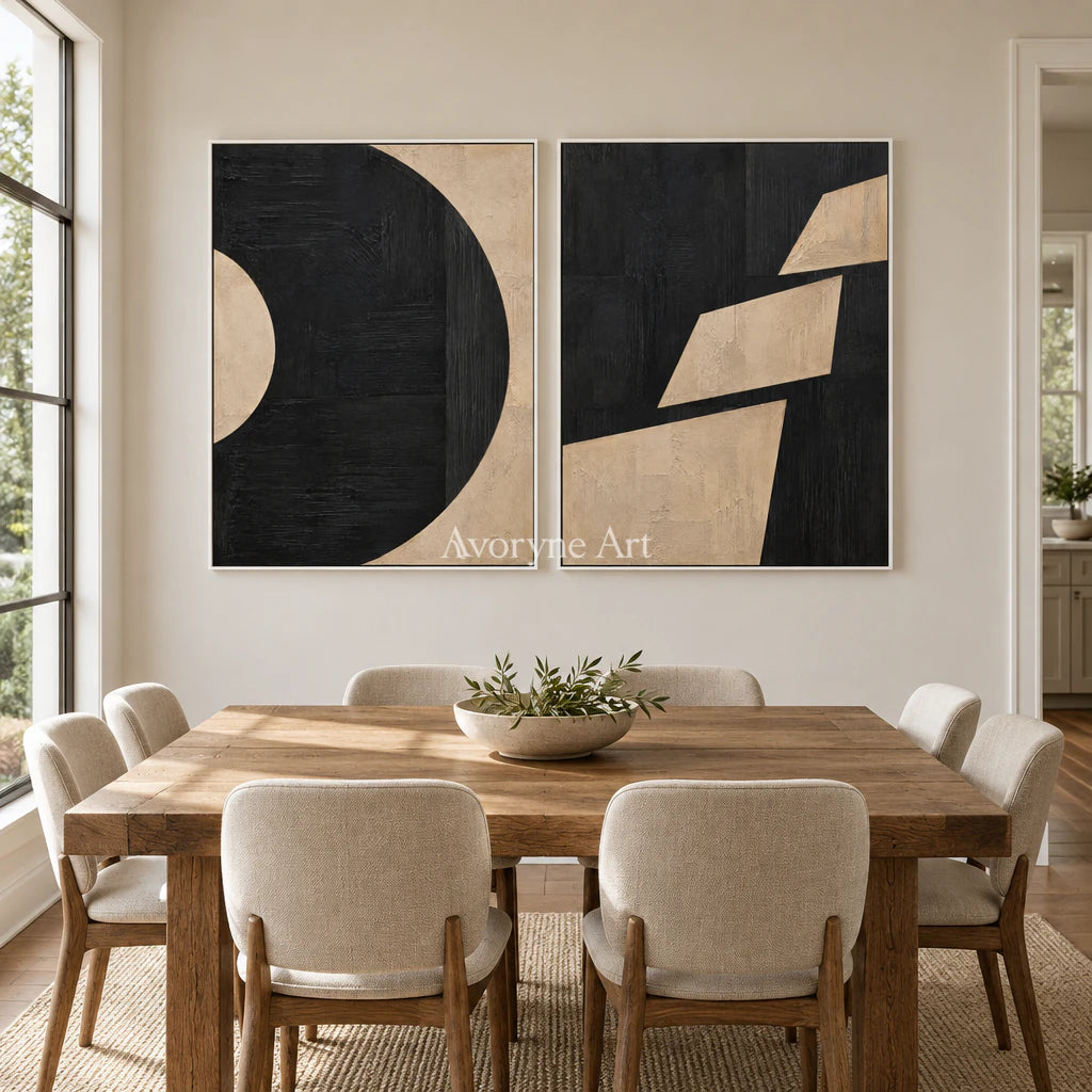 Cutshape Dialogue: Black Beige Diptych Wall Art — dining white