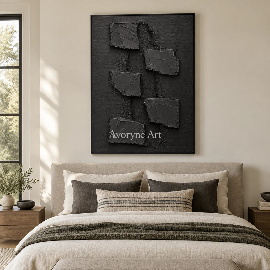 Shadow Fragments: Black Block Abstract Wall Art — bedroom black