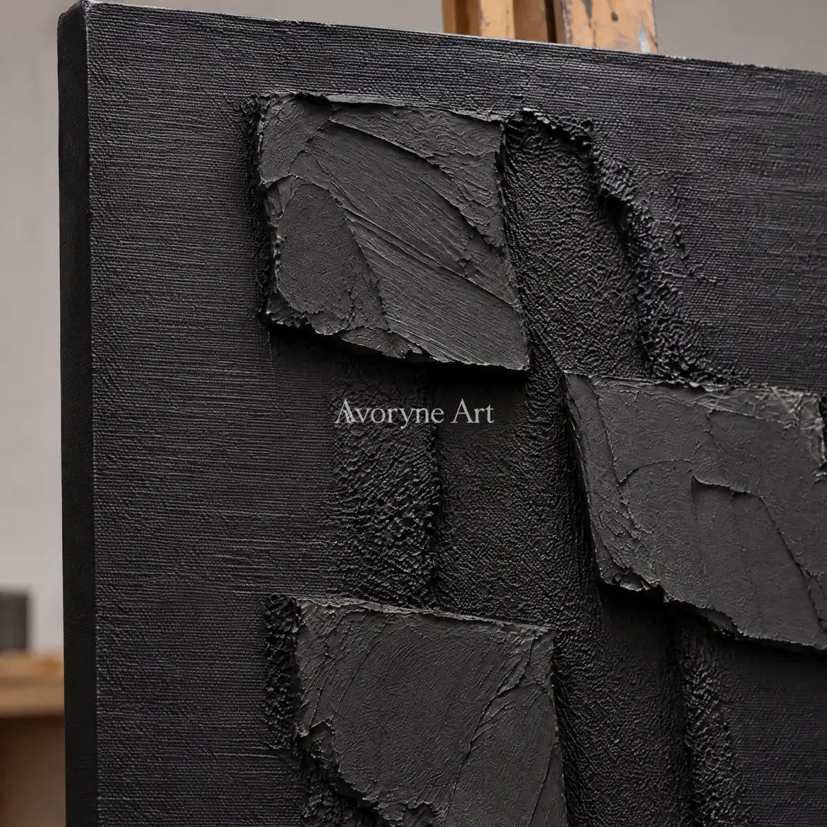 Shadow Fragments: Black Block Abstract Wall Art — detail easel