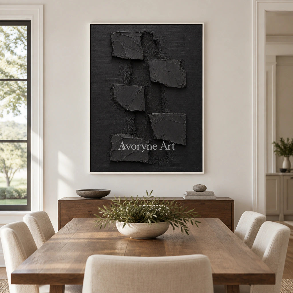 Shadow Fragments: Black Block Abstract Wall Art — dining white