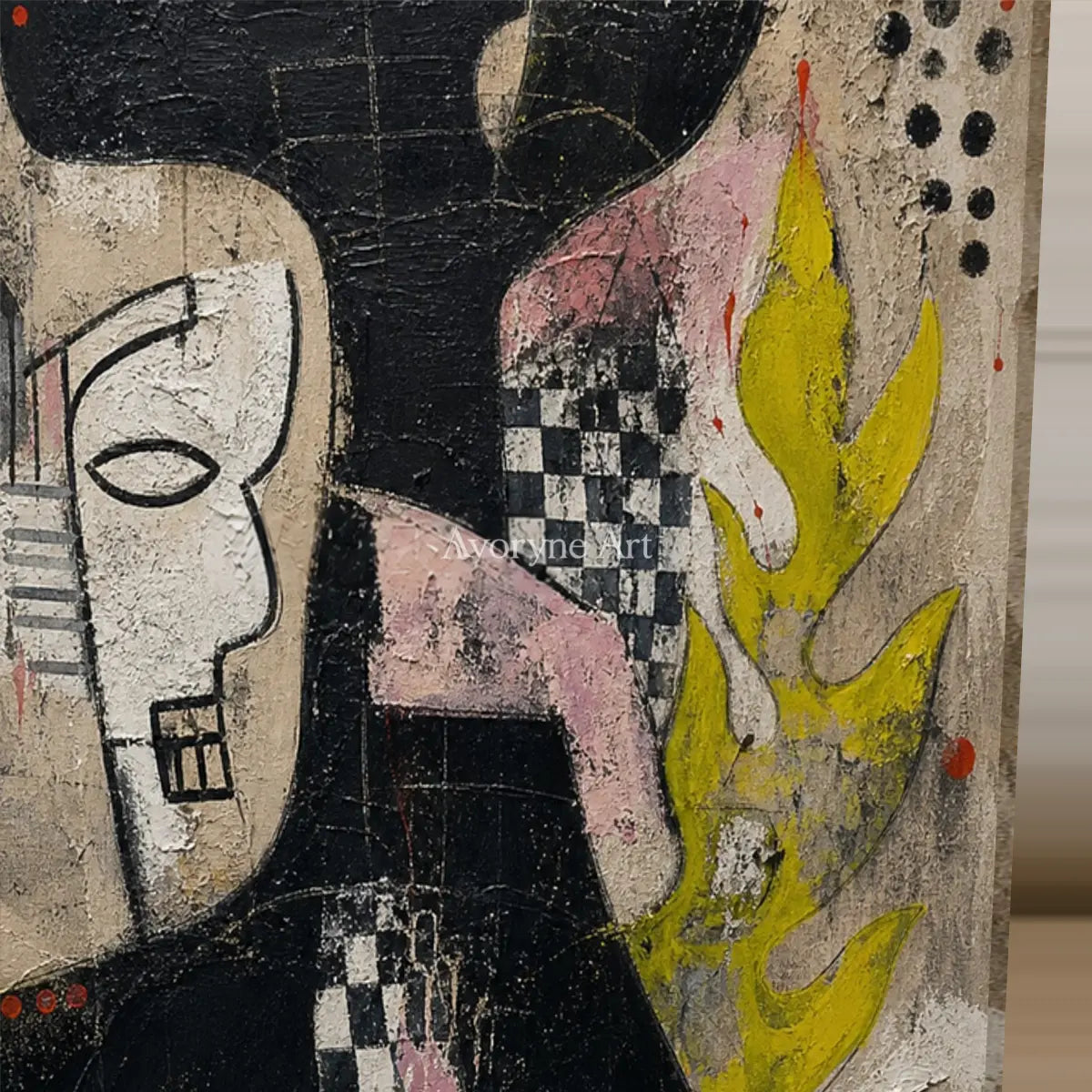 Fragments of Regard: Black Cubist Faces Textured Wall Art — detail easel