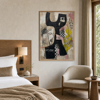 Fragments of Regard: Black Cubist Faces Textured Wall Art — hotel wood