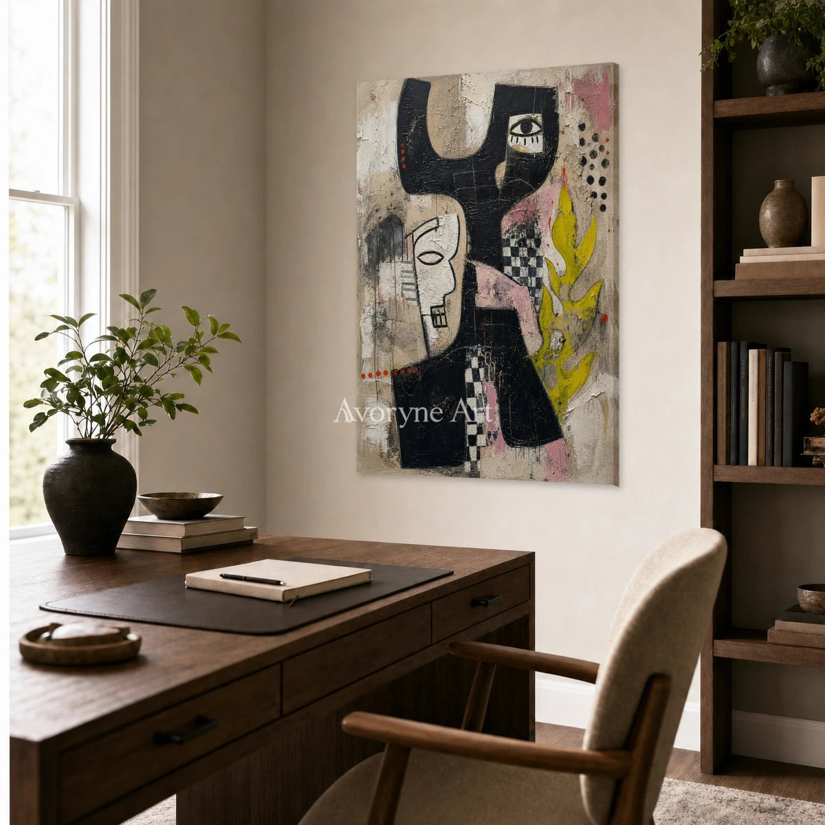 Fragments of Regard: Black Cubist Faces Textured Wall Art — office frameless