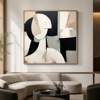 Faceted Presence: Black Cubist Portrait Wall Art — hotel wood