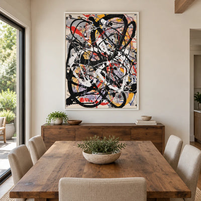 Ivory Lucent Solace: Black Drip Abstract — dining white