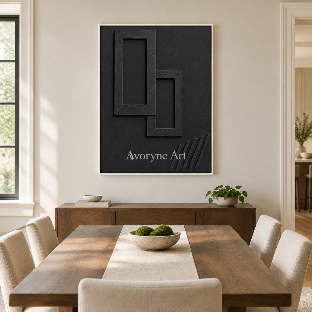 Nested Shadows: Black Geometric Relief Wall Art — dining white