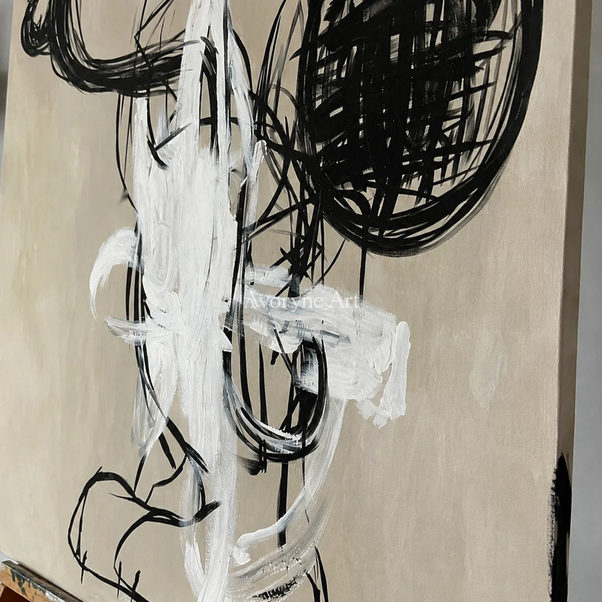 Unruly Cadence: Black Gestural Graffiti Abstract Wall Art — detail easel