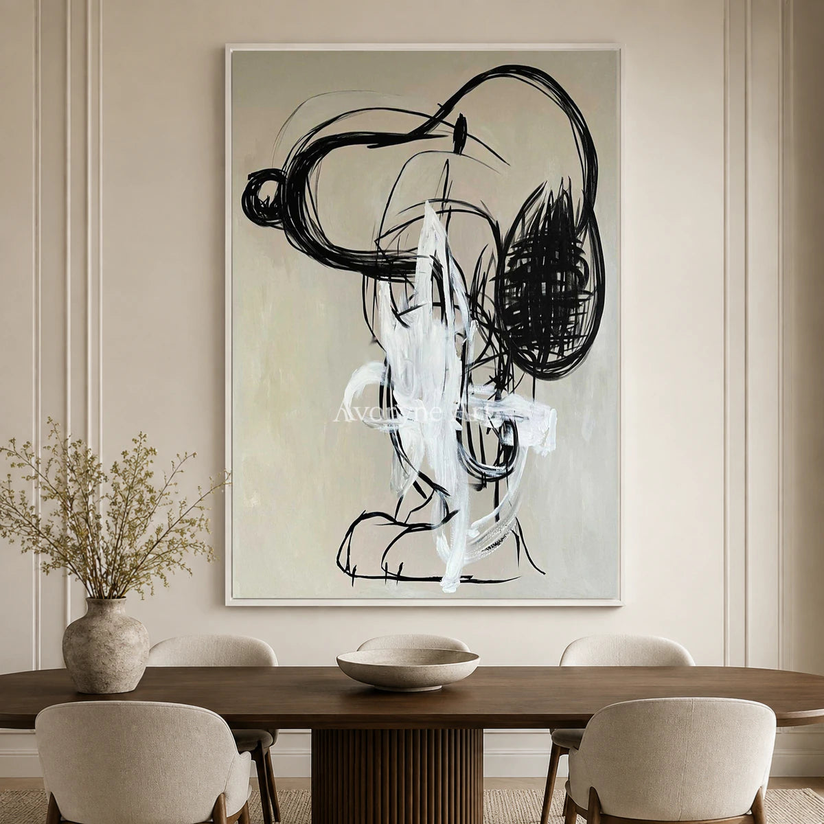 Unruly Cadence: Black Gestural Graffiti Abstract Wall Art — dining white