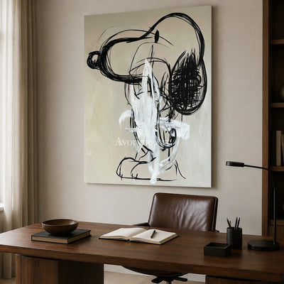 Unruly Cadence: Black Gestural Graffiti Abstract Wall Art — office frameless