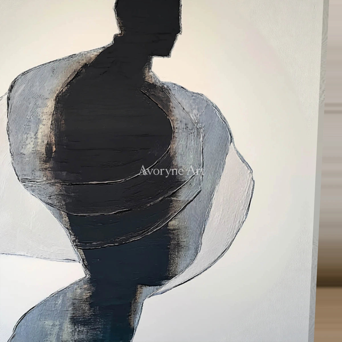 Obsidian Turning: Black Gestural Texture Square Abstract Wall Art — detail easel